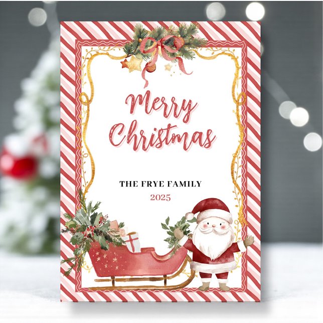 Tarjeta de Navidad Feliz Navidad Santa Trineo Dive (Watercolor Santa and red sleigh festive Christmas card)