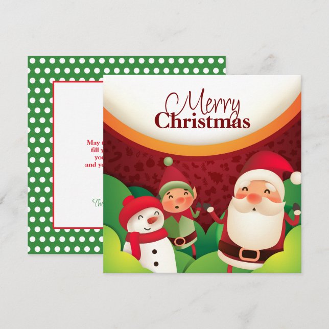 Tarjeta de Navidad festiva de Santa Elfo y muñeco  (Anverso / Reverso)