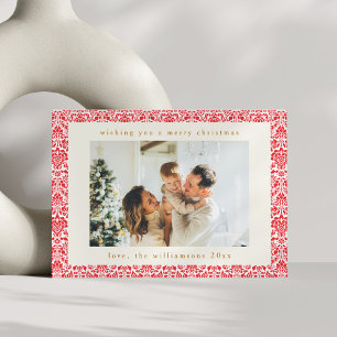 Tarjeta de Navidad festiva vintage roja damasco co