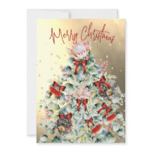 Tarjeta de Navidad Flor Silvestre Dorada Árbol Roj