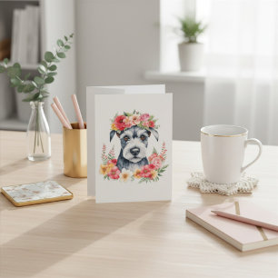 Tarjeta de Navidad Floral de Mini Schnauzer