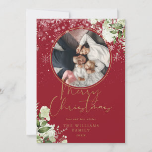 Tarjeta de Navidad Floral Nieve Dorada y Roja
