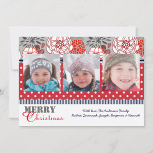 Tarjeta de Navidad - Flores Rojas, Grises y Azules