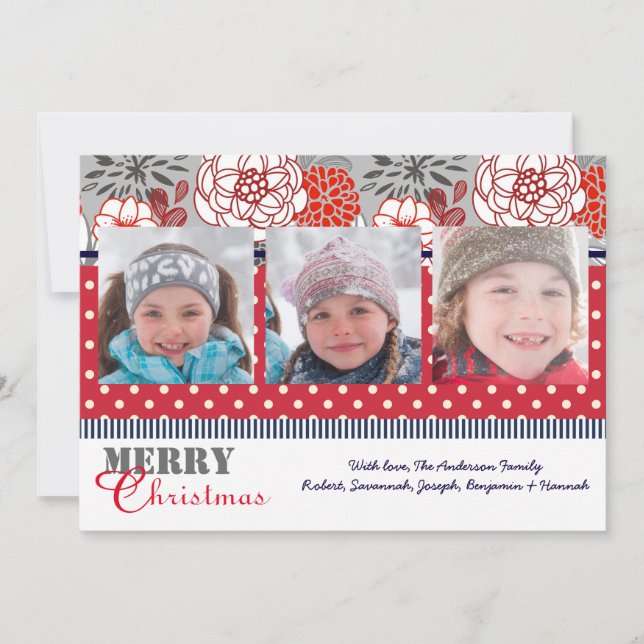 Tarjeta de Navidad - Flores Rojas, Grises y Azules (Anverso)