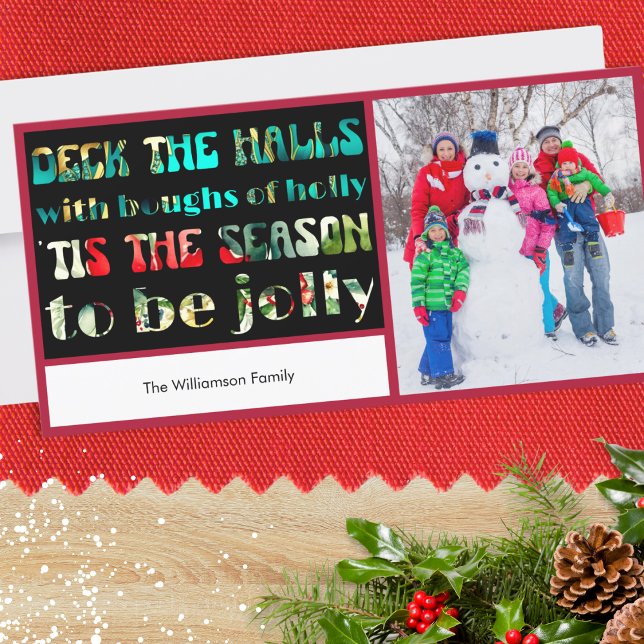 Tarjeta de Navidad Foto Coloridas Letras 1 (A Christmas card with your own photo and name(s), and words from 'Deck the Halls' in a groovy font)