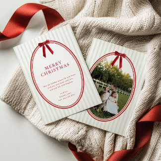 Tarjeta de Navidad Foto con Lazo Rayado Verde