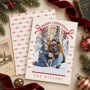 Tarjeta de Navidad Foto Lazos Rojos Vintage