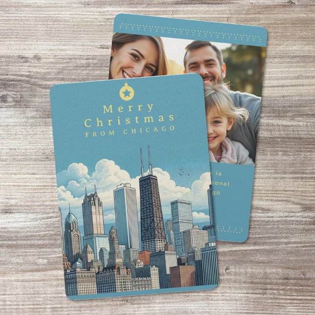 Tarjeta de Navidad Foto Plano Chicago Tarjeta de V (Merry Christmas Chicago Photo Flat Holiday Card (front and back))