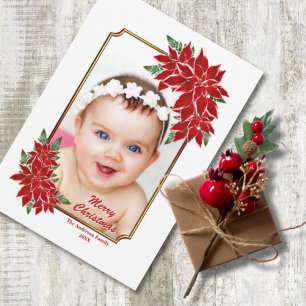 Tarjeta de Navidad Foto Poinsettia Roja Borde Blan