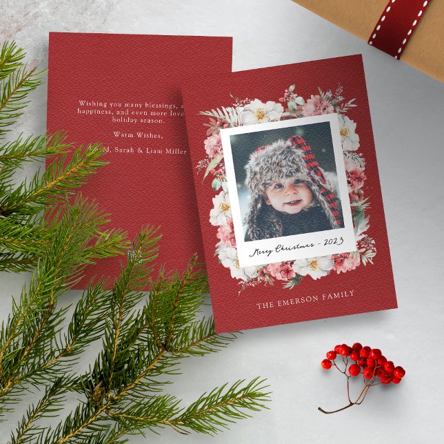 Tarjeta de Navidad Fotográfica Botánica (Red Merry Christmas Photo Holiday Card with Elegant Watercolor Botanical Florals Berries)