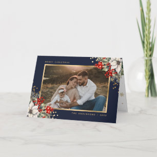 Tarjeta de Navidad fotográfica botánica Blue Gold