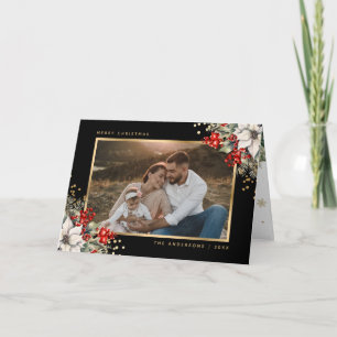 Tarjeta de Navidad fotográfica botánica de oro neg