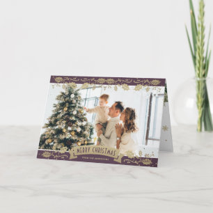 Tarjeta de Navidad fotográfica botánica de oro púr