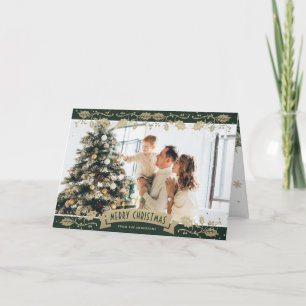 Tarjeta de Navidad fotográfica botánica de oro ver