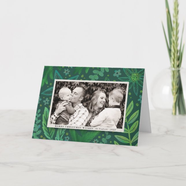 Tarjeta de Navidad fotográfica de verdes botánicos (Anverso)