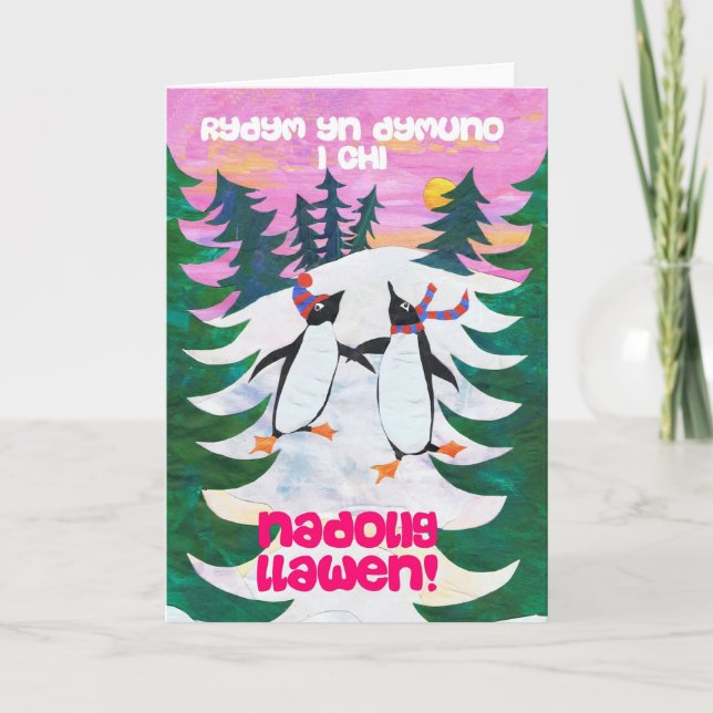 Tarjeta de Navidad Galés - pingüinos patinadores (Anverso)