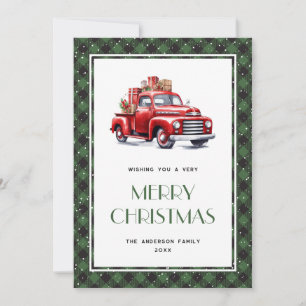 Tarjeta de Navidad Green Buffalo Plaid Red Truck M