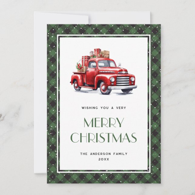 Tarjeta de Navidad Green Buffalo Plaid Red Truck M (Anverso)