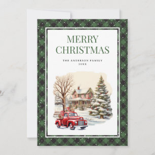 Tarjeta de Navidad Green Plaid Red Truck Merry