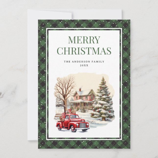 Tarjeta de Navidad Green Plaid Red Truck Merry (Anverso)