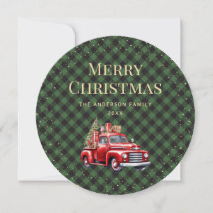 Tarjeta de Navidad Green Plaid Snow Red Truck Merr