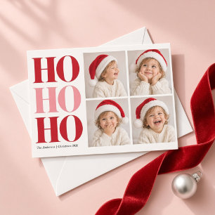 Tarjeta de Navidad Ho Ho Ho roja rosa con cuatro f