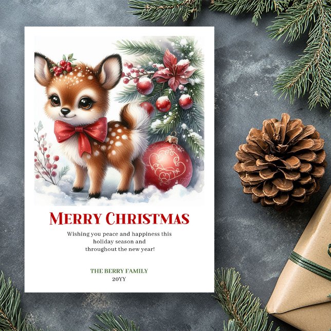 Tarjeta de Navidad Imprimible de Acuarela de Cierv (Dreamy Winter Fawn Watercolor Christmas Printable Chris)