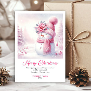 Tarjeta de Navidad Imprimible Muñeco de Nieve Rosa