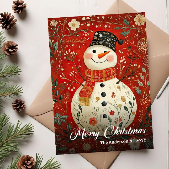 Tarjeta de Navidad Imprimible Nostálgica del Hombr (Nostalgic Christmas Snowman Holiday Printable Card)