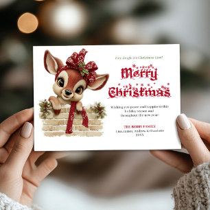 Tarjeta de Navidad invernal con reno bebé alegre a