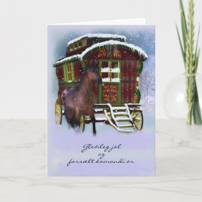 Tarjeta de Navidad islandesa - caballo y caravana (Anverso)