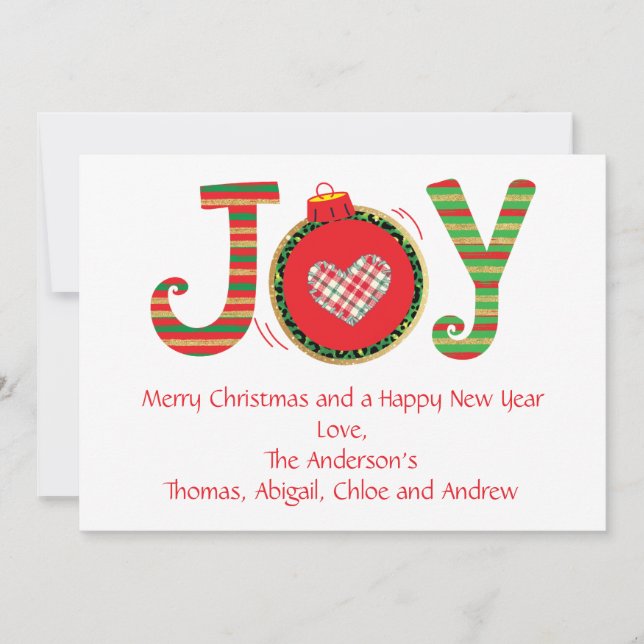 Tarjeta de Navidad Joy, Personaliza Rojo Verde Dor (Anverso)