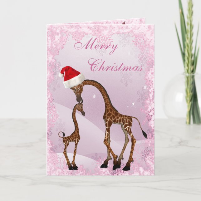 Tarjeta de Navidad linda de la jirafa de la mamá y (Anverso)