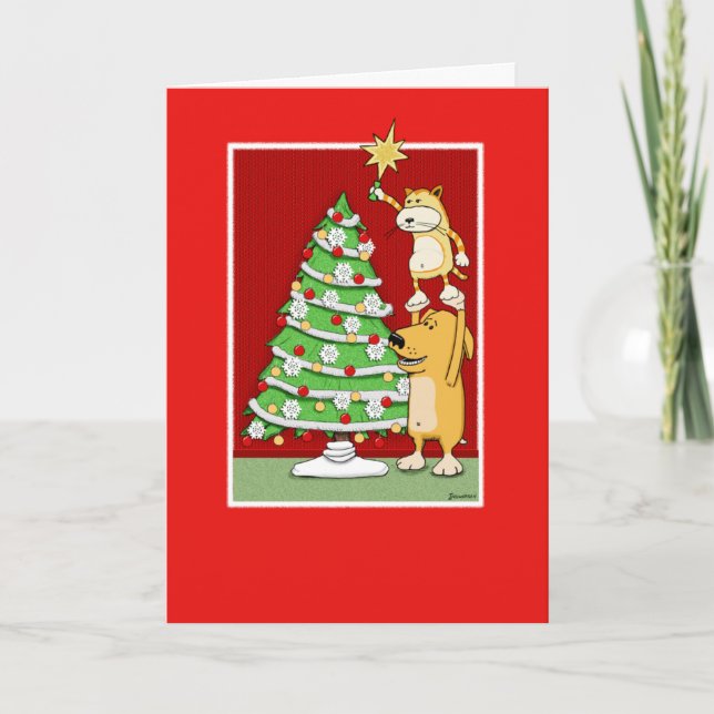 Tarjeta de Navidad lindo: gato y perro (Anverso)