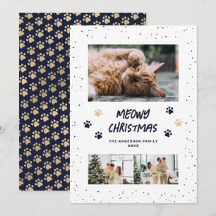 Tarjeta de Navidad Meowy Foto Patas Nieve Oro Azul