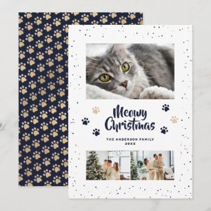 Tarjeta de Navidad Meowy Foto Patas Nieve Oro Azul