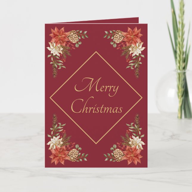 Tarjeta de navidad Merry de Poinsettia blanca y ro (Anverso)