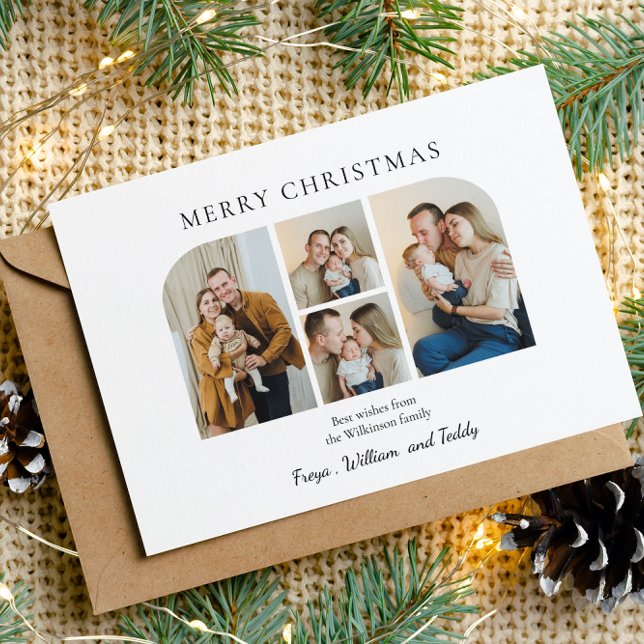tarjeta de Navidad minimalista verde para cuatro f (modern four photo collage christmas card  add your family photos , fully editable )