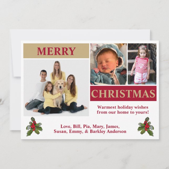 Tarjeta de Navidad moderna con 3 fotos en blanco,  (Anverso)