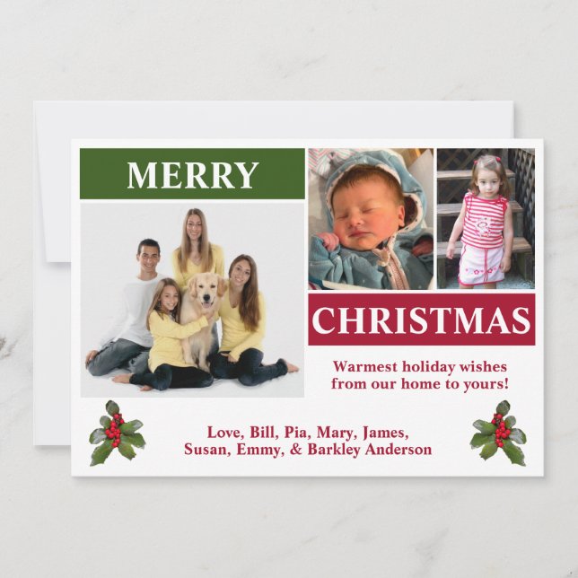 Tarjeta de Navidad moderna con 3 fotos en Blanco,  (Anverso)