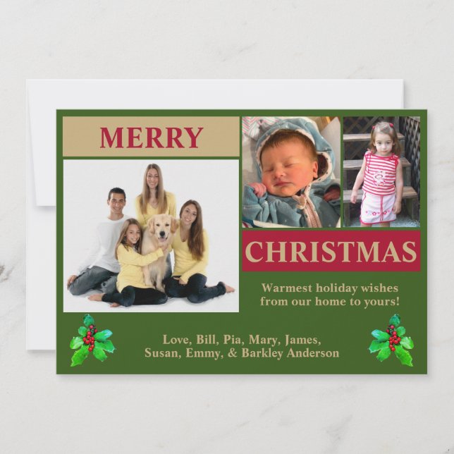 Tarjeta de Navidad moderna con 3 fotos en verde, r (Anverso)