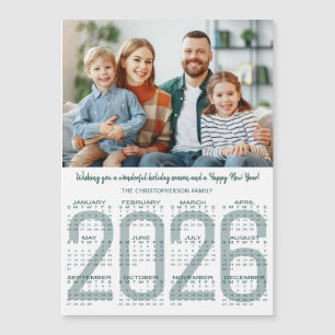 Tarjeta de Navidad moderna con calendario 2026 de