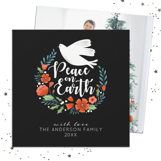 Tarjeta de Navidad moderna con foto (An elegant Family Photo Christmas card with the words, Peace on Earth)