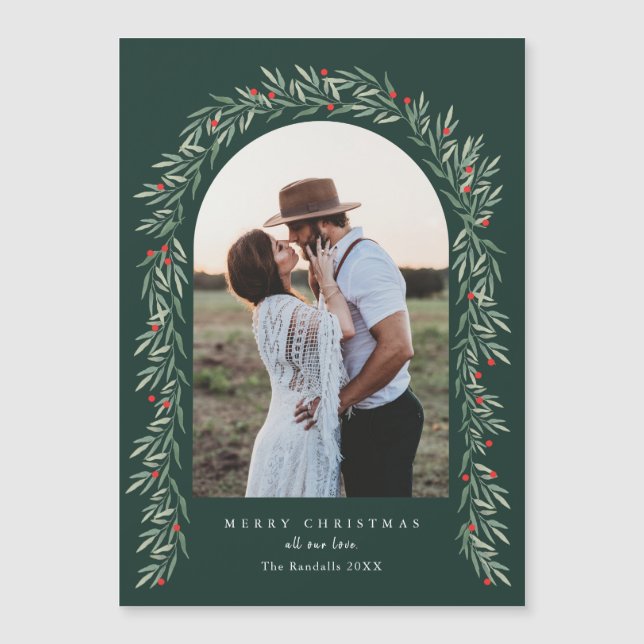 Tarjeta de Navidad moderna con foto de arco de veg (Anverso)