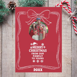 Tarjeta de Navidad moderna con lazo rojo y blanco