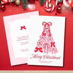 Tarjeta de Navidad moderna con lazo rosa y rojo