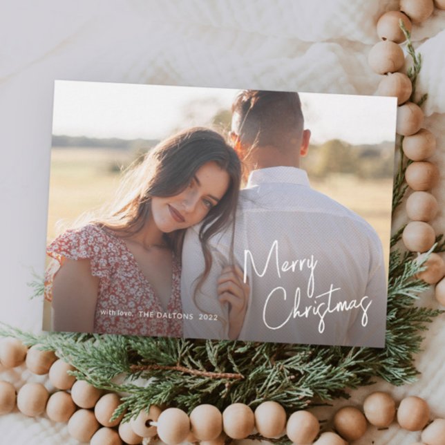 Tarjeta de Navidad moderna con letra manuscrita y  (Modern handwritten script merry christmas horizontal photo holiday card.)