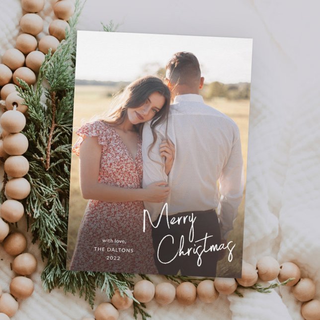 Tarjeta de Navidad moderna con letra manuscrita y  (Simple Handwritten Script Merry Christmas Photo Holiday Magnetic Card.)