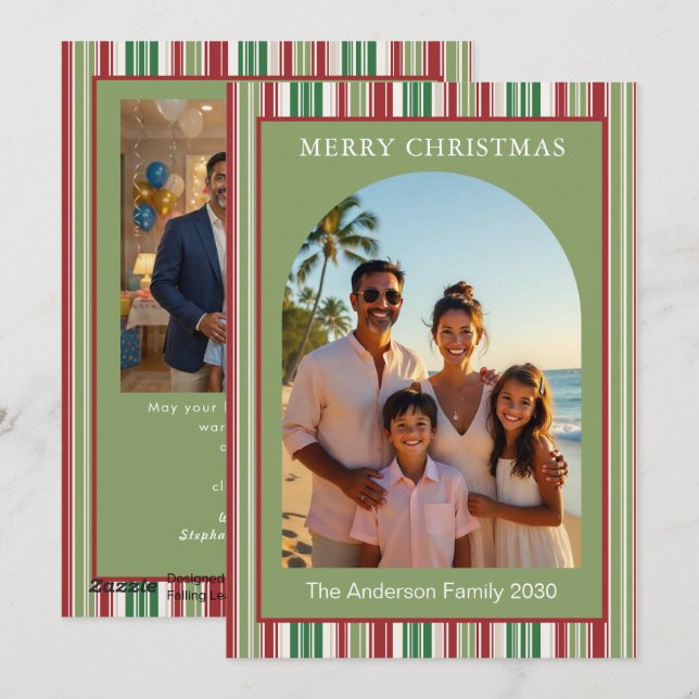 Tarjeta de Navidad moderna con rayas rojas y verde (Anverso / Reverso)