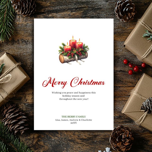 Tarjeta de Navidad moderna con velas y tronco de m (Modern Christmas candles wooden log greeting Holiday Card)